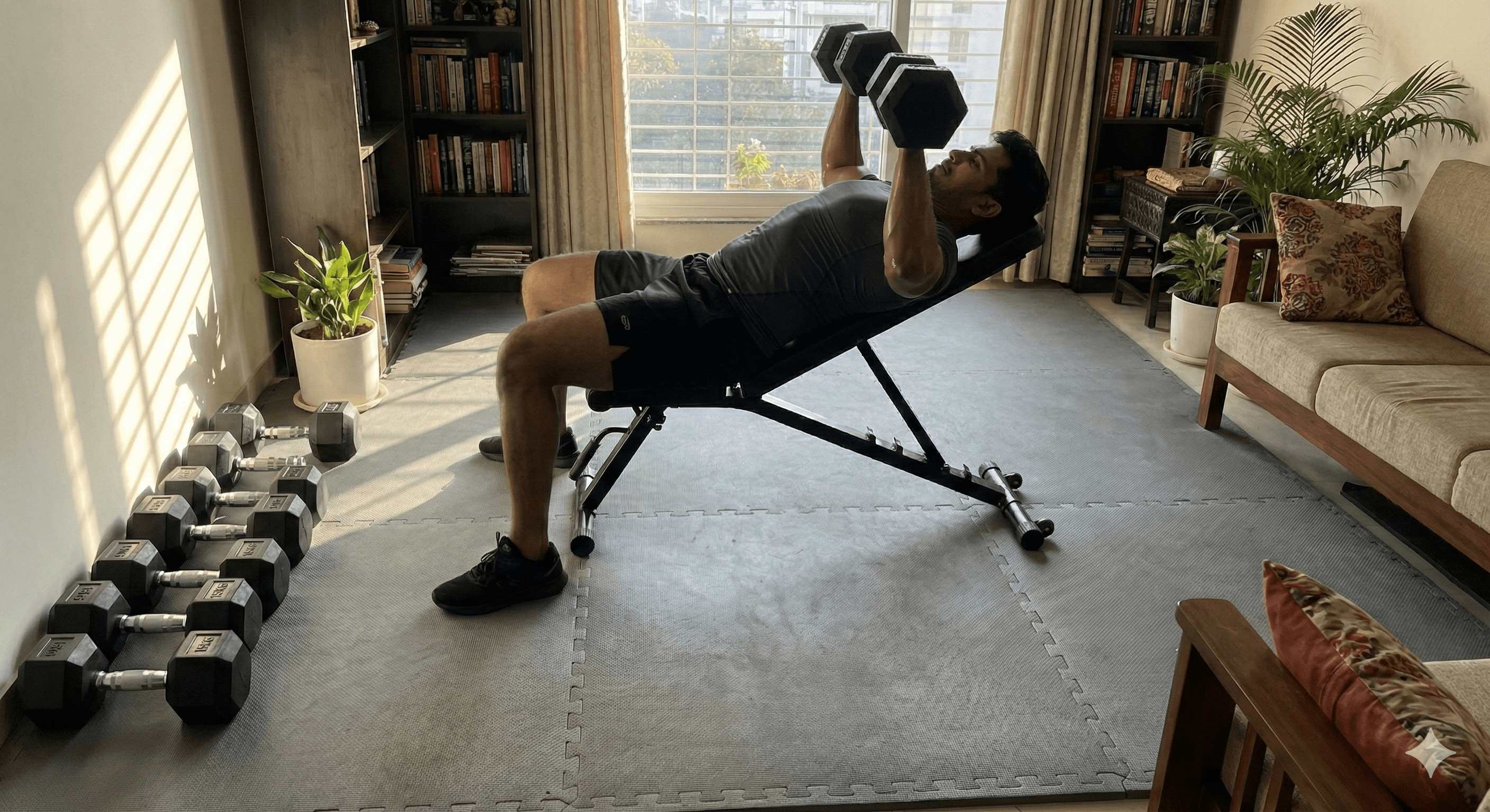 Man working out in a Bangalore living room